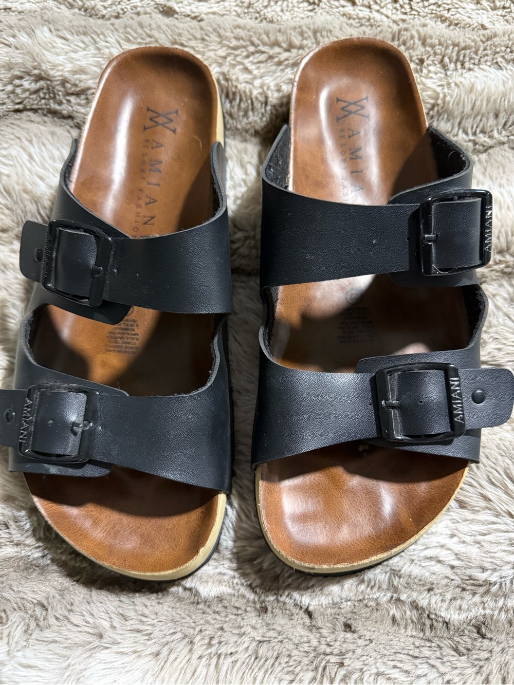 Amiani Resort Fashion, Black Suede Double-Strap Slide with Tan Leather Footbed